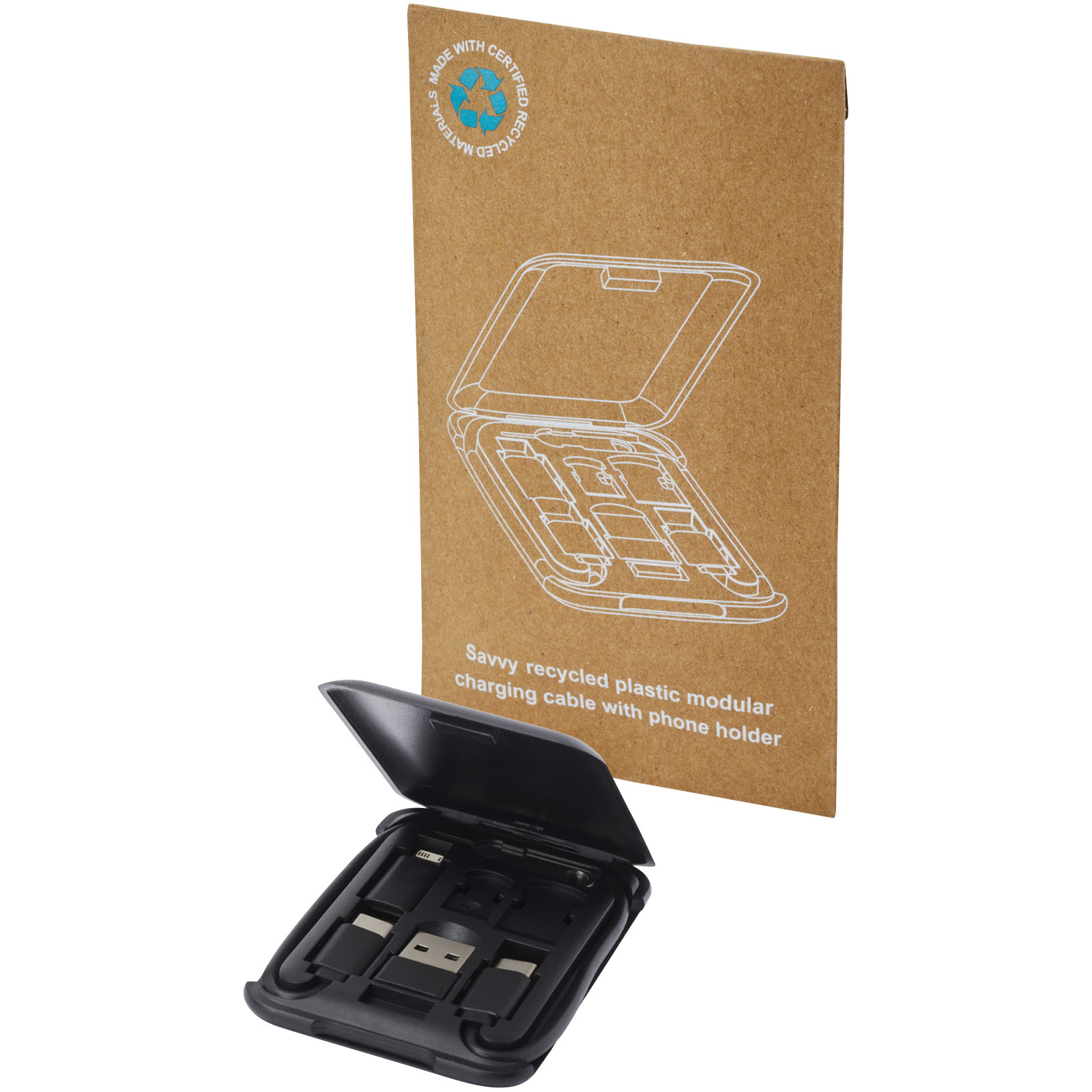 Câble de recharge modulaire en plastique recyclé Savvy avec support de téléphone