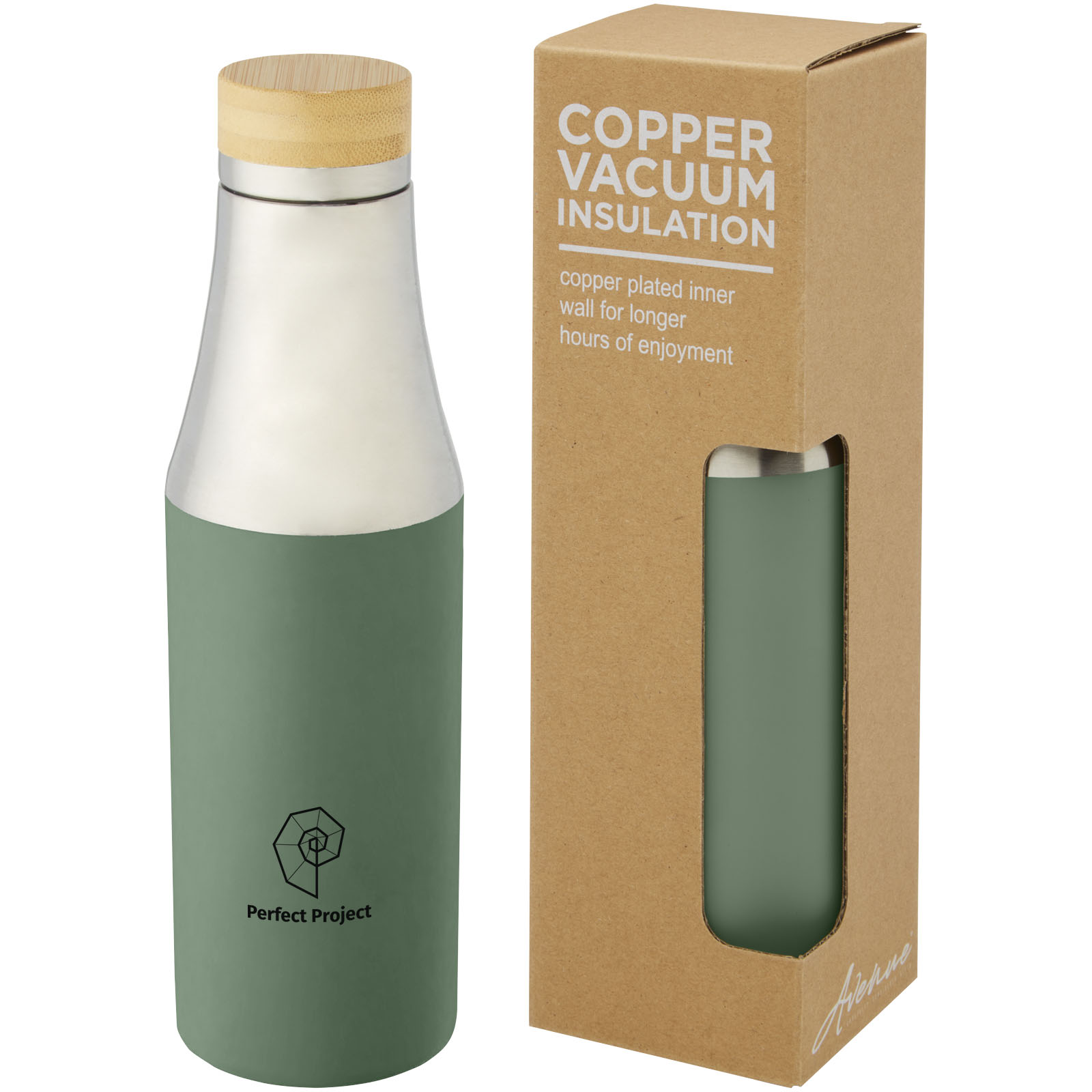 Bouteille Hulan de 540 ml en acier inoxydable avec  cuivre et isolation par le vide avec couvercle en bambou