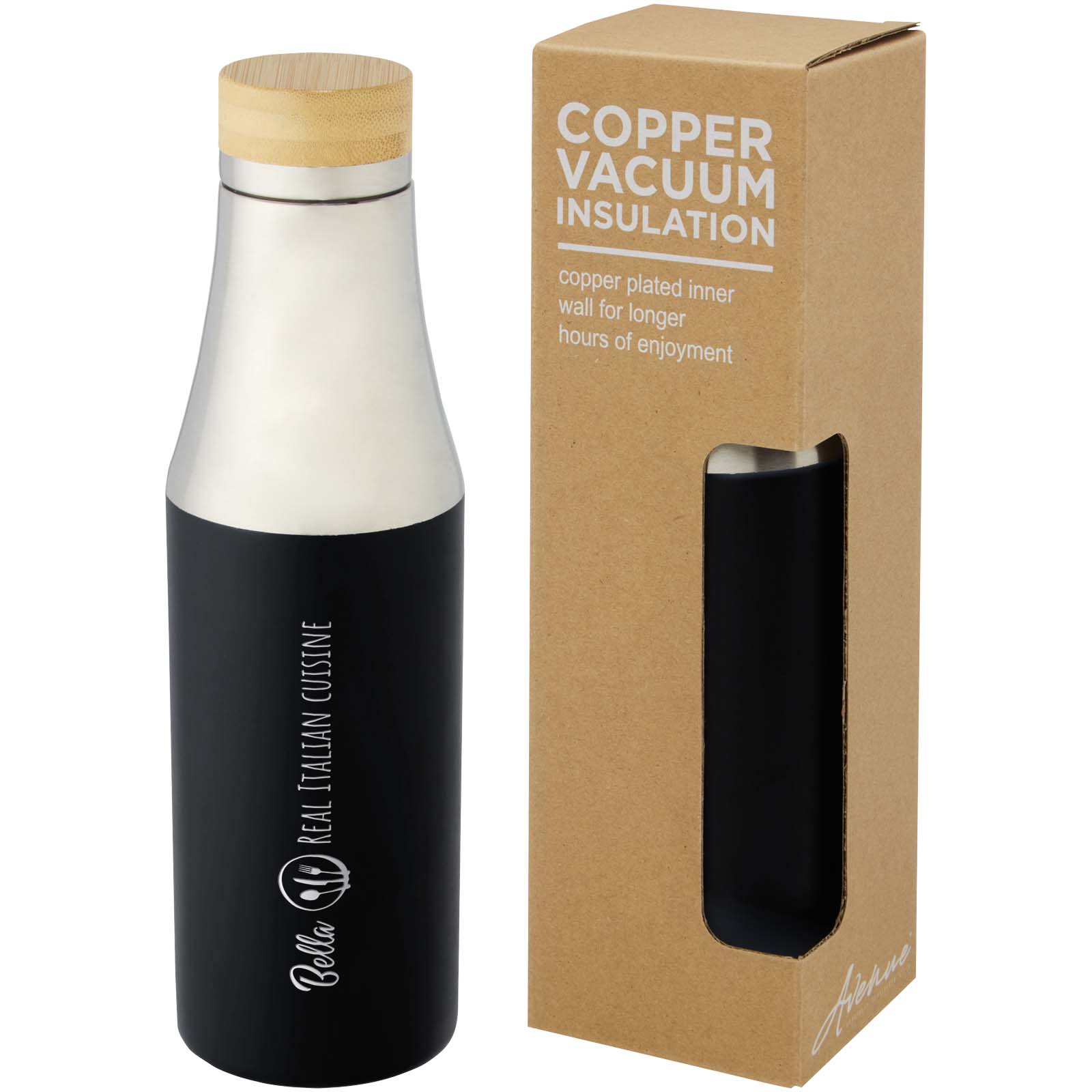 Bouteille Hulan de 540 ml en acier inoxydable avec  cuivre et isolation par le vide avec couvercle en bambou