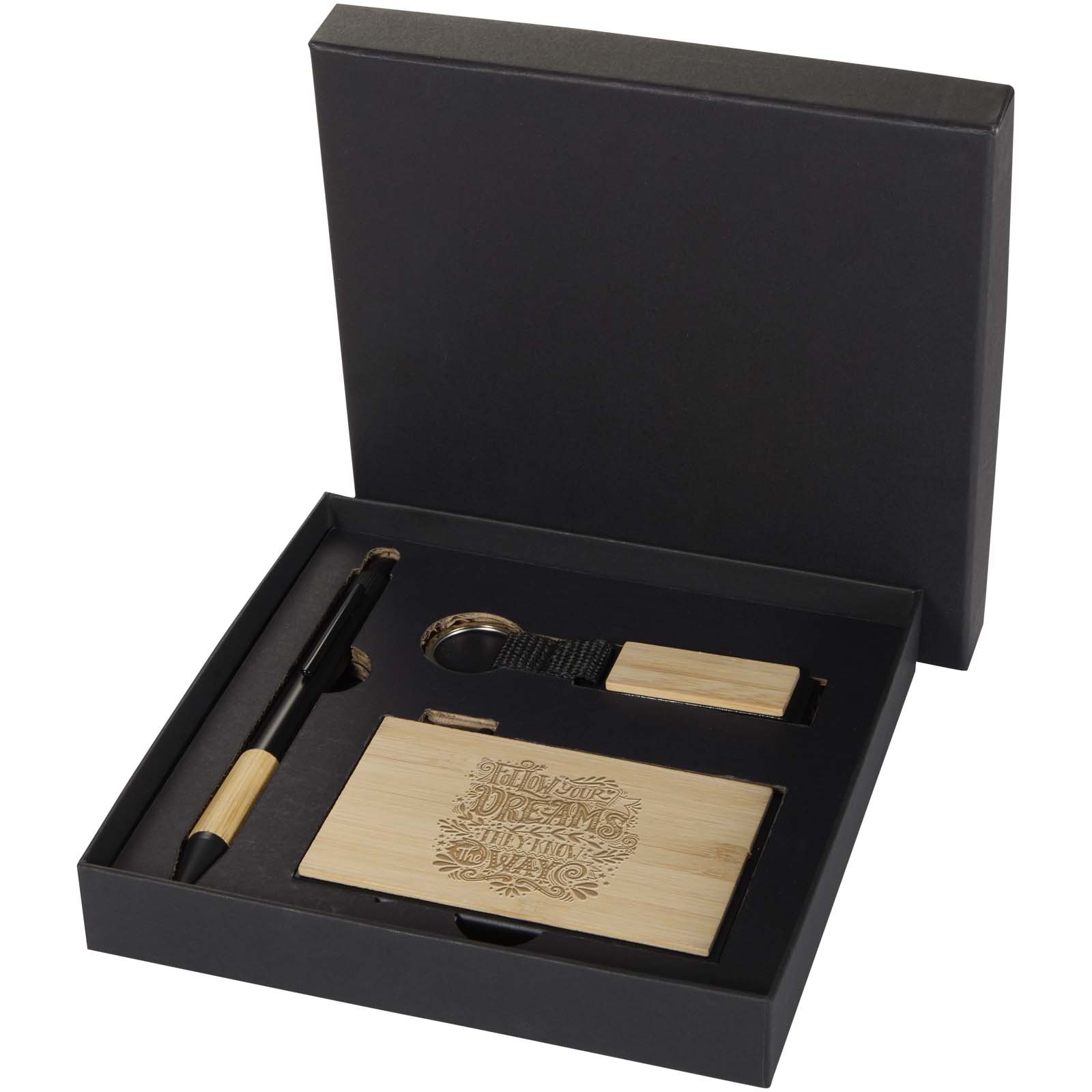Ensemble cadeau Minka avec stylo bille en aluminium recyclé RCS, porte-clés et porte-cartes RFID