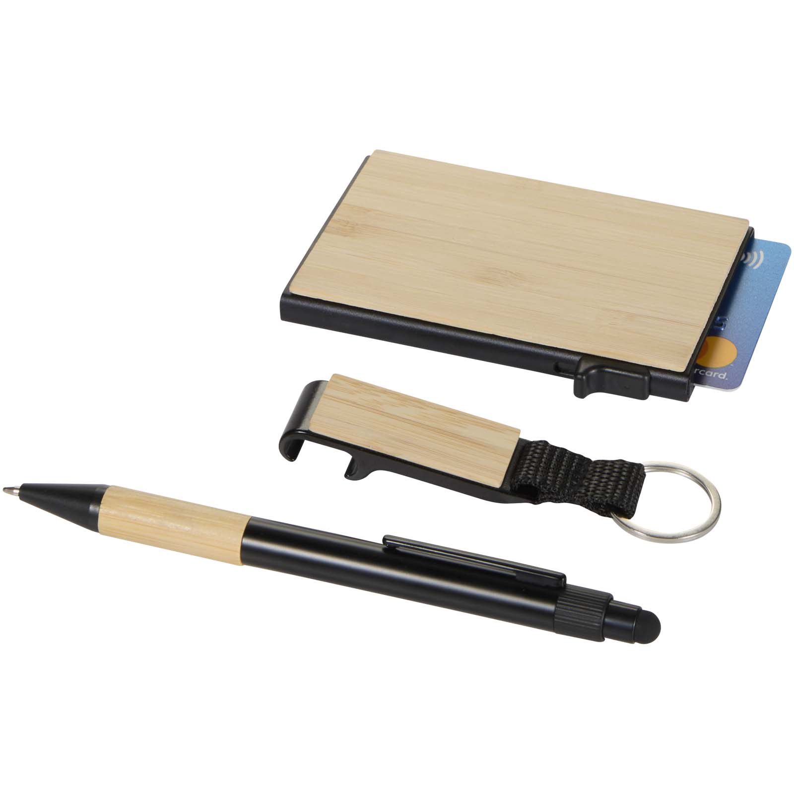 Ensemble cadeau Minka avec stylo bille en aluminium recyclé RCS, porte-clés et porte-cartes RFID