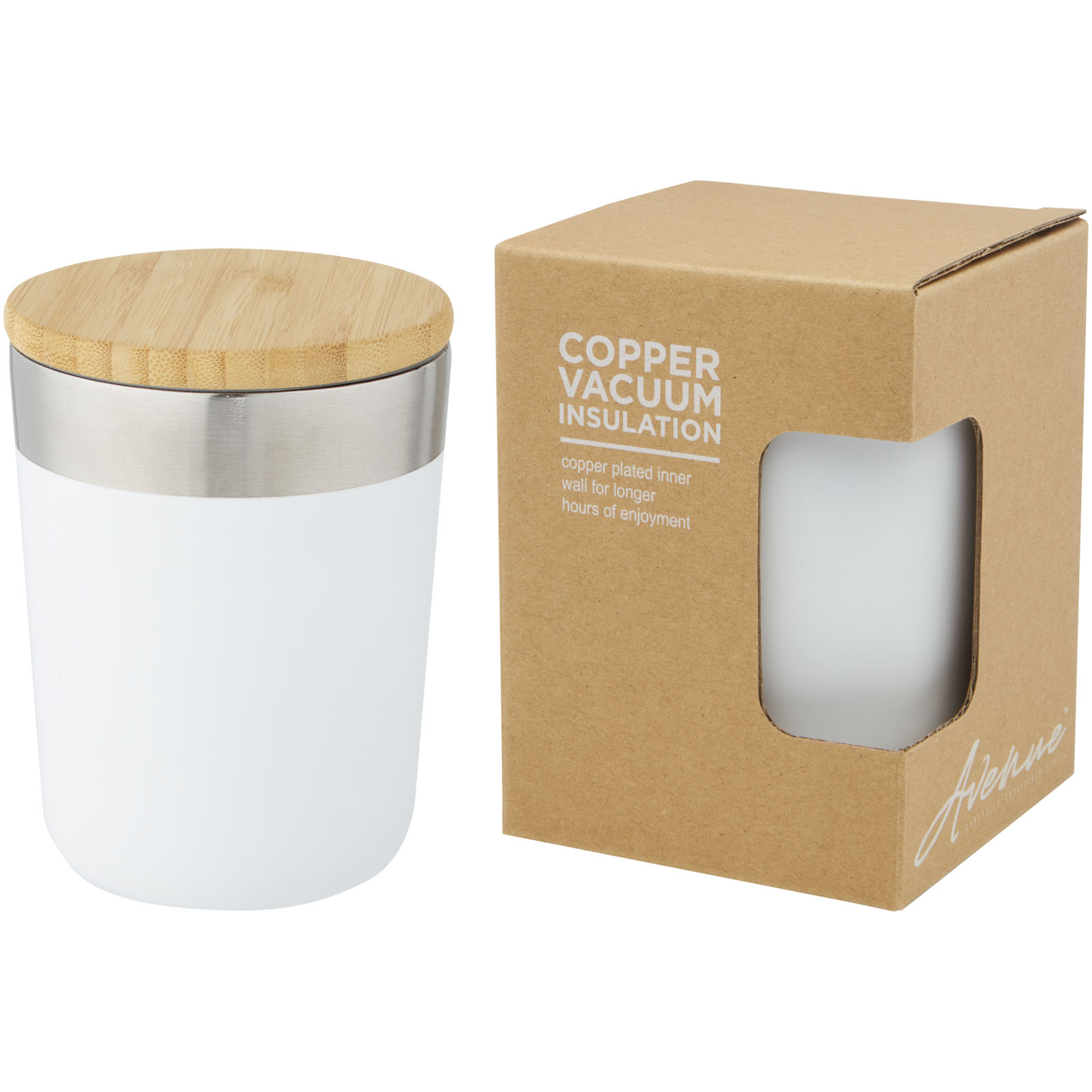 Gobelet Lagan de 330 ml en acier inoxydable avec isolation par le vide et couche de cuivre, avec couvercle en bambou
