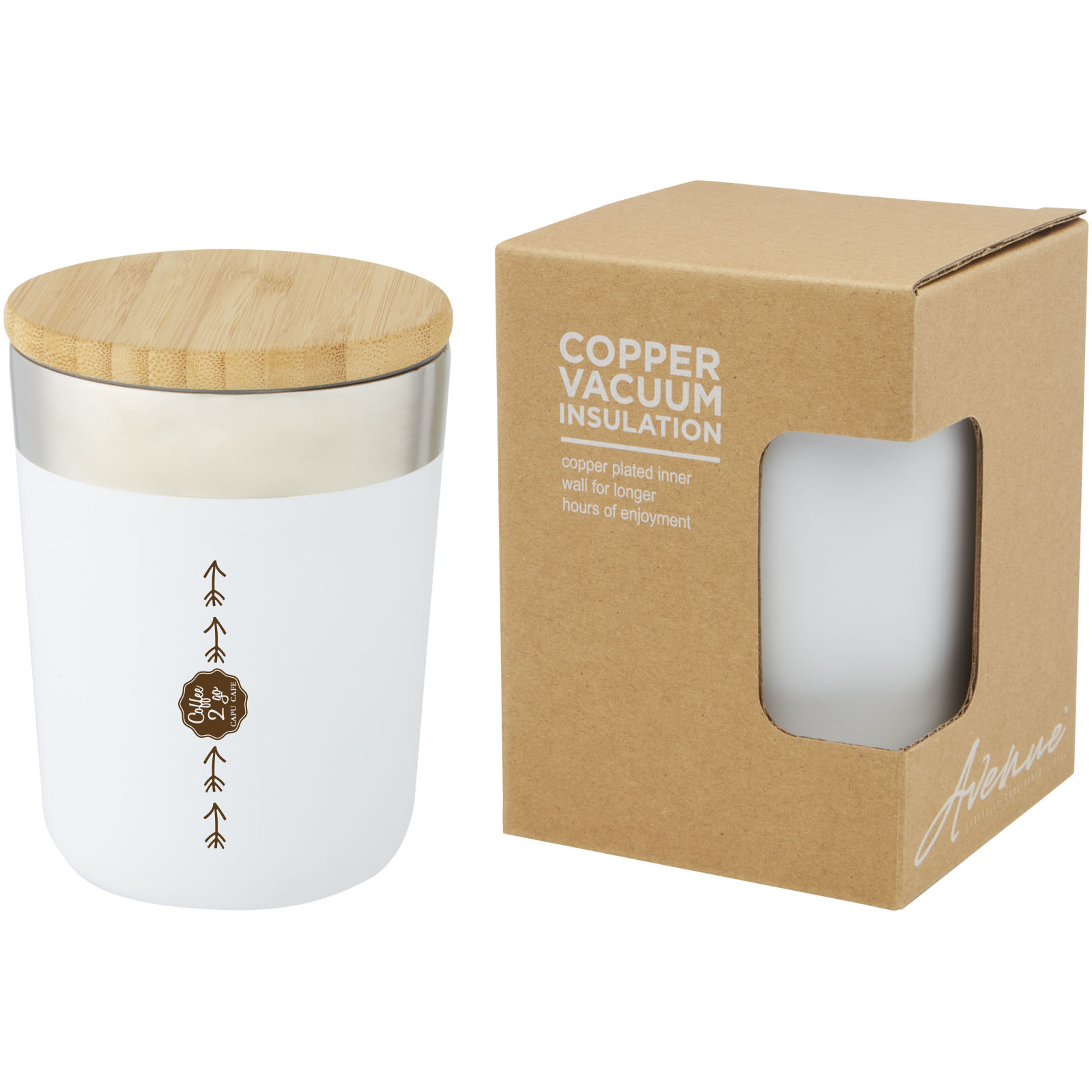 Gobelet Lagan de 330 ml en acier inoxydable avec isolation par le vide et couche de cuivre, avec couvercle en bambou