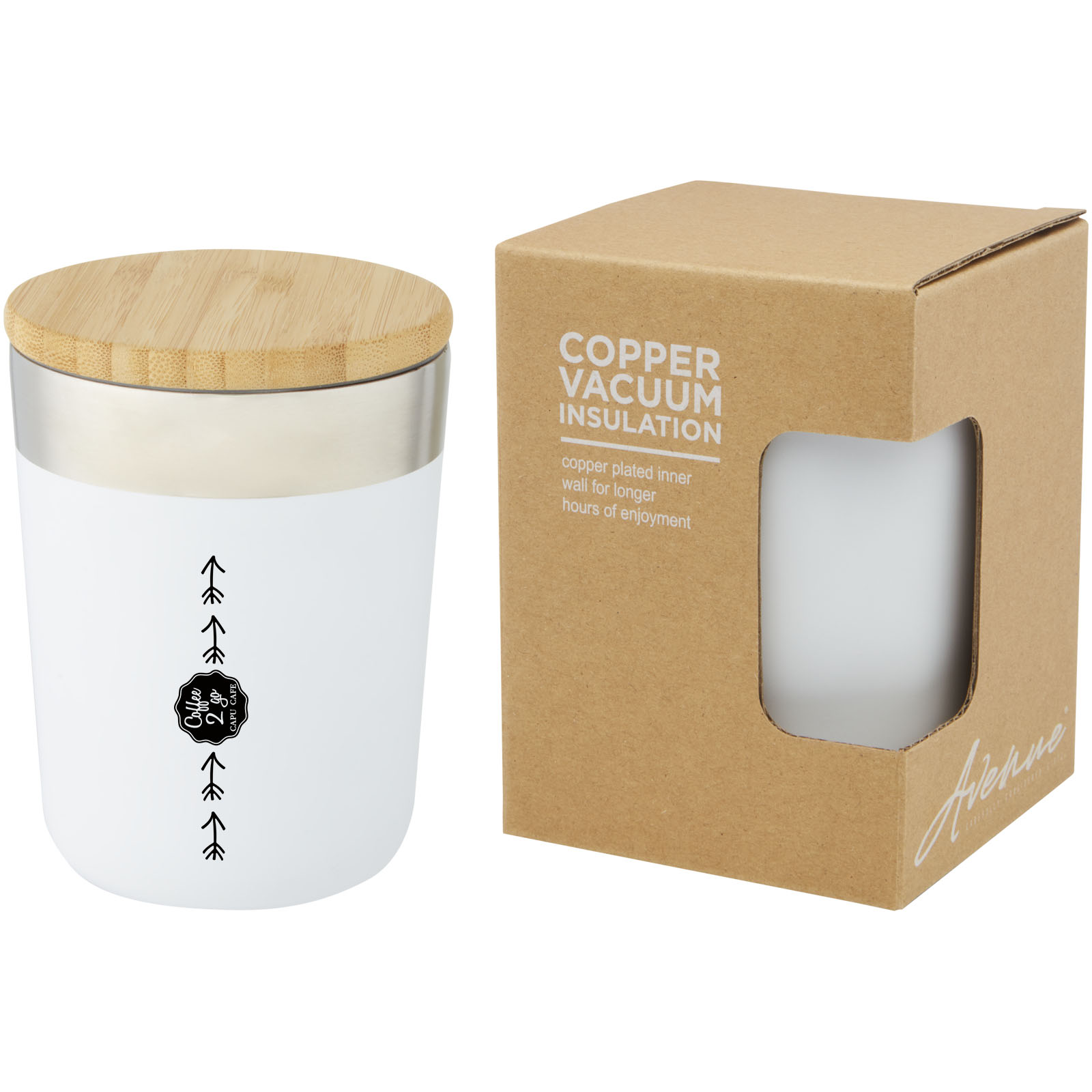 Gobelet Lagan de 330 ml en acier inoxydable avec isolation par le vide et couche de cuivre, avec couvercle en bambou