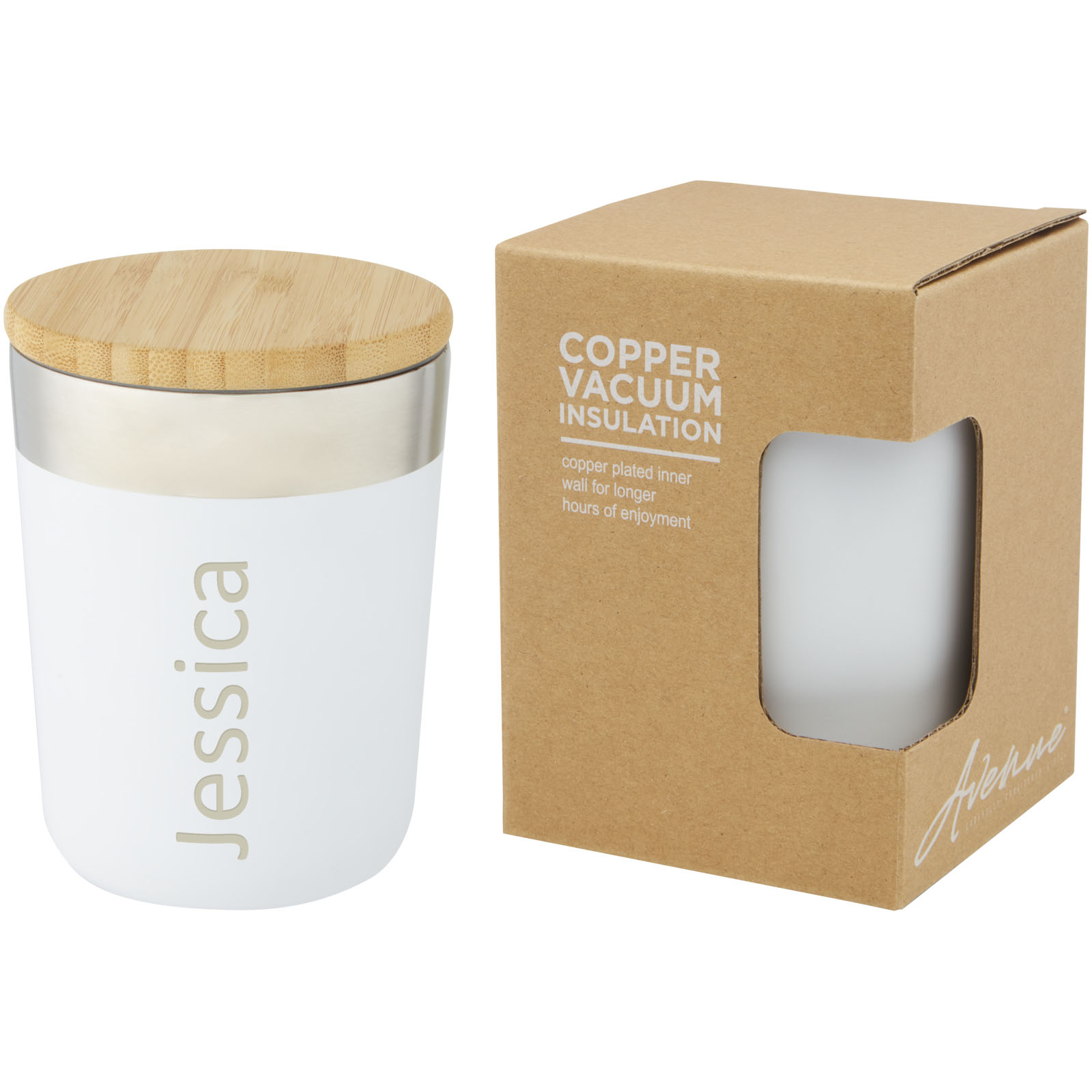 Gobelet Lagan de 330 ml en acier inoxydable avec isolation par le vide et couche de cuivre, avec couvercle en bambou