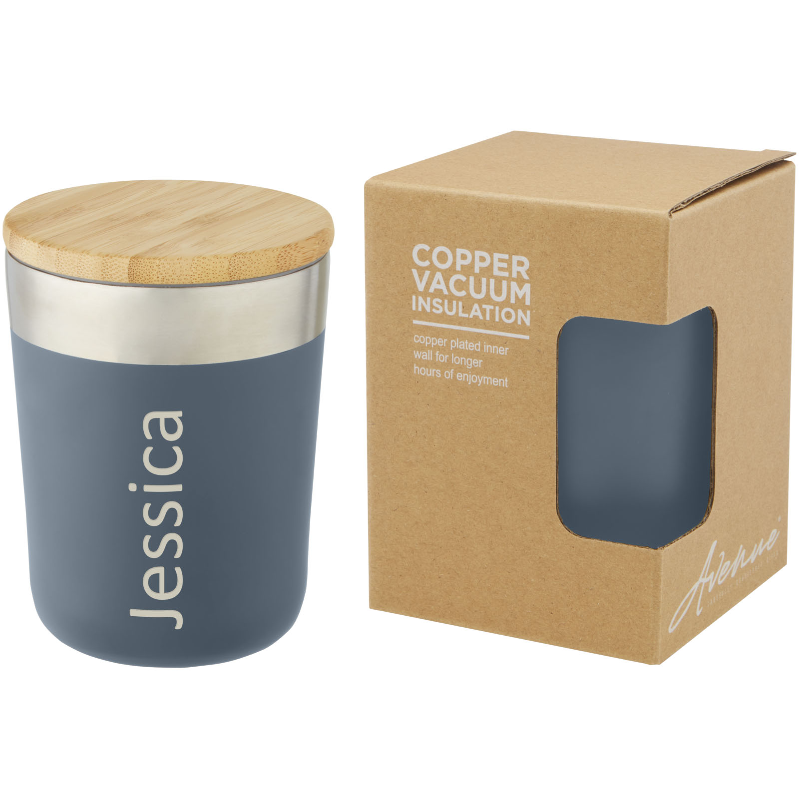 Gobelet Lagan de 330 ml en acier inoxydable avec isolation par le vide et couche de cuivre, avec couvercle en bambou