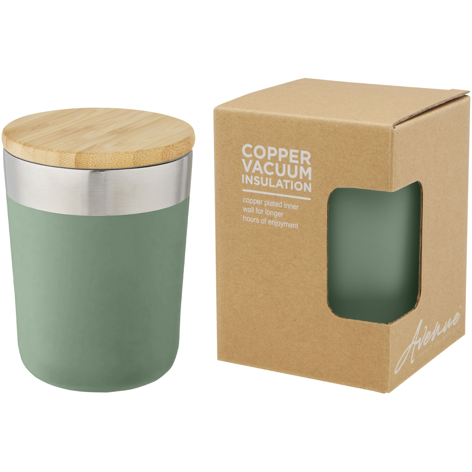Gobelet Lagan de 330 ml en acier inoxydable avec isolation par le vide et couche de cuivre, avec couvercle en bambou