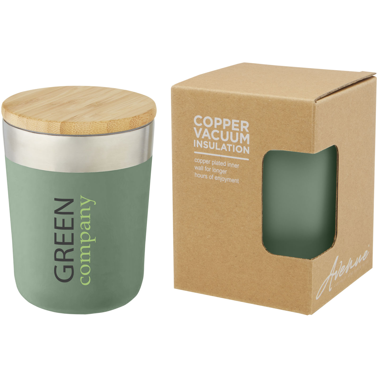 Gobelet Lagan de 330 ml en acier inoxydable avec isolation par le vide et couche de cuivre, avec couvercle en bambou