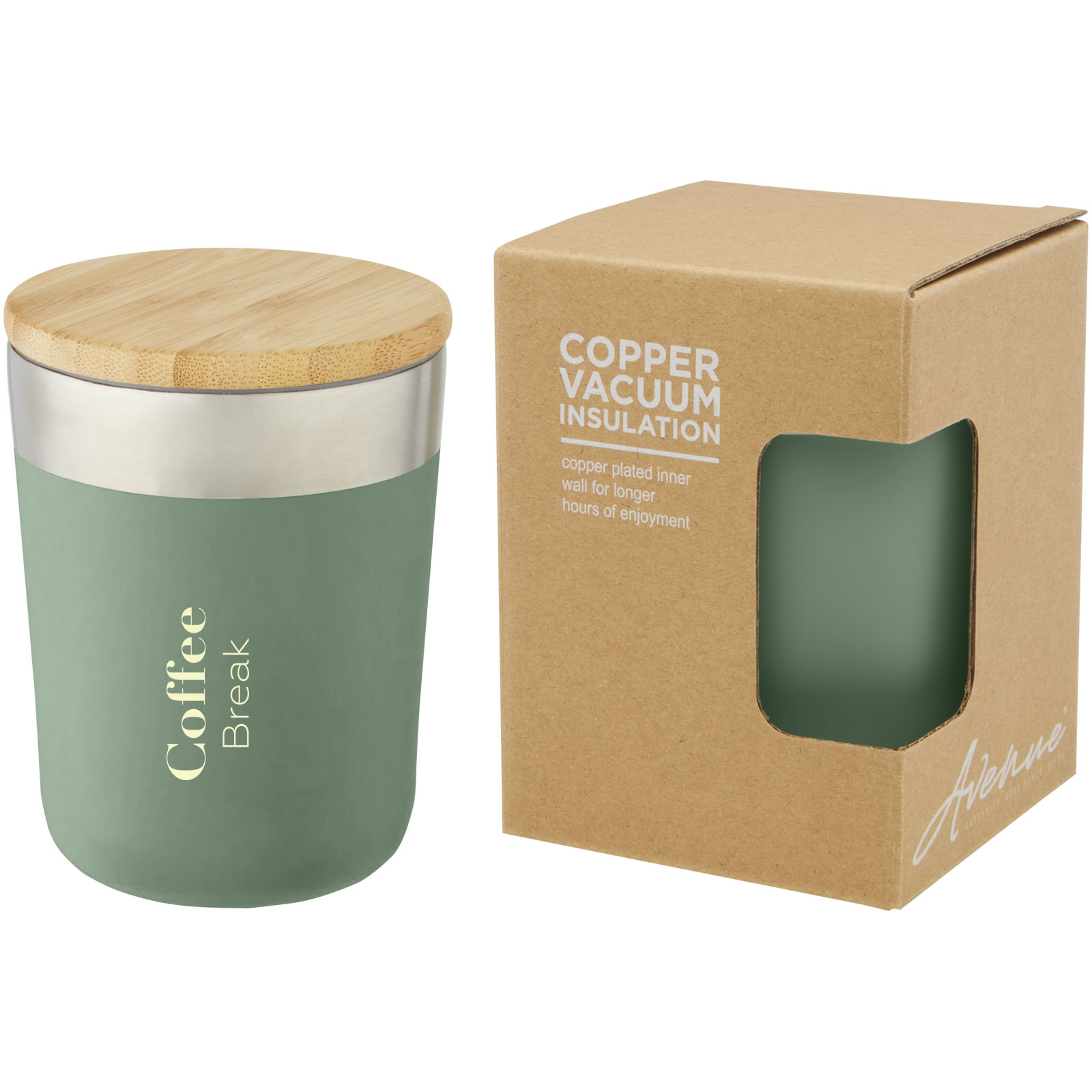 Gobelet Lagan de 330 ml en acier inoxydable avec isolation par le vide et couche de cuivre, avec couvercle en bambou