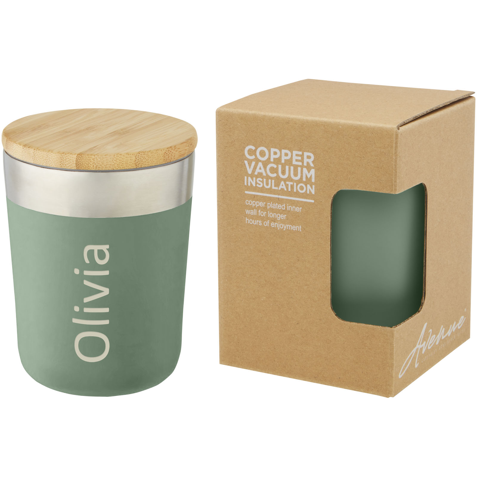 Gobelet Lagan de 330 ml en acier inoxydable avec isolation par le vide et couche de cuivre, avec couvercle en bambou