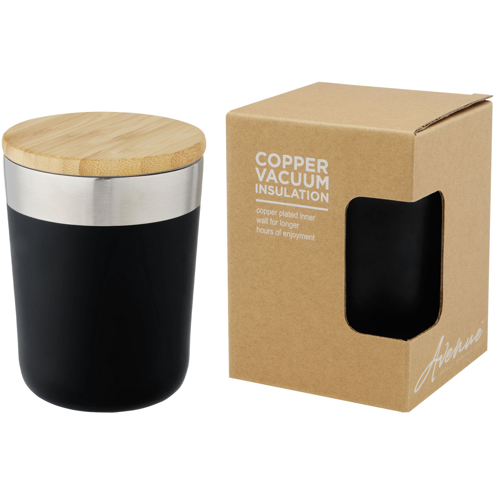 Gobelet Lagan de 330 ml en acier inoxydable avec isolation par le vide et couche de cuivre, avec couvercle en bambou