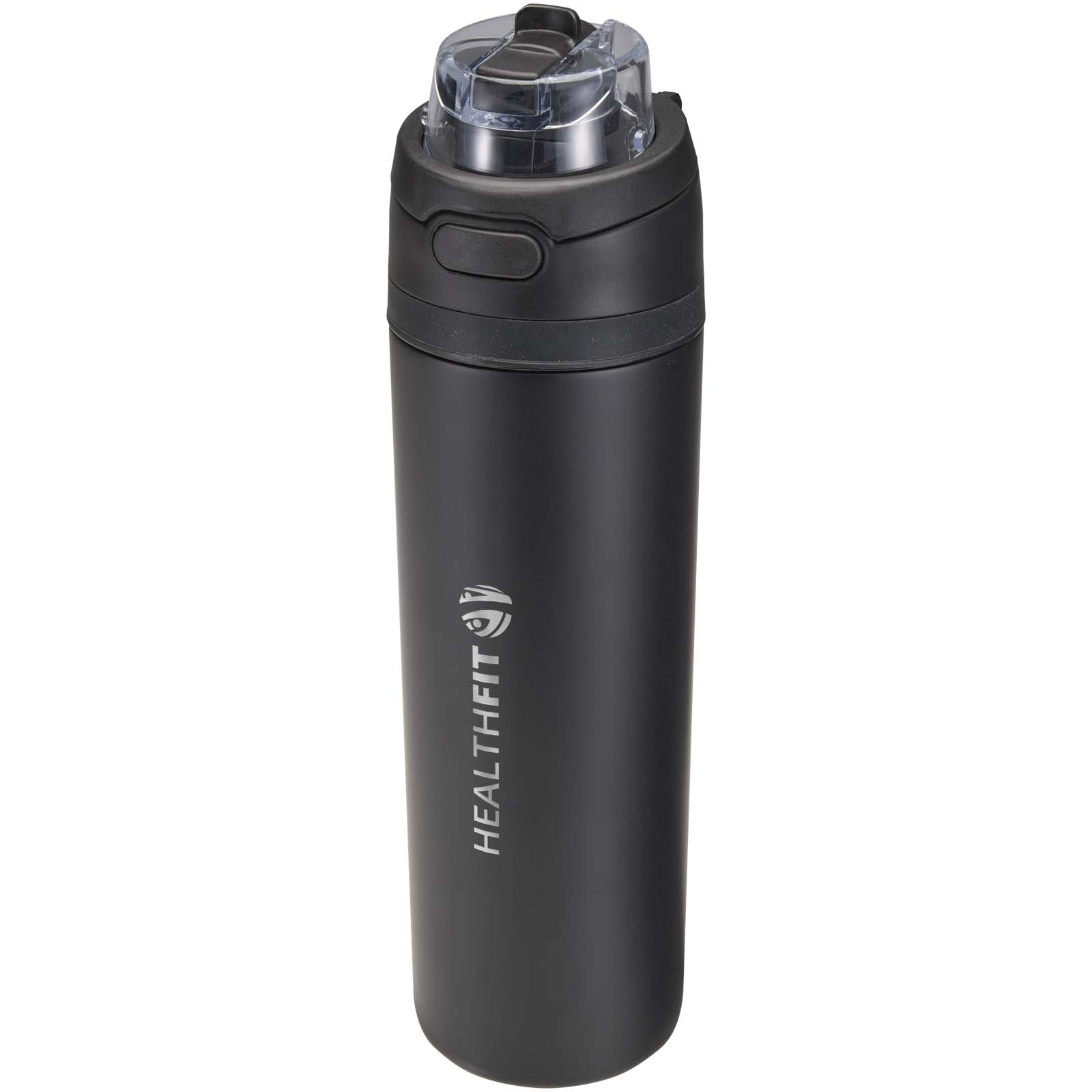 Bouteille d'eau Theron 800 ml en acier inoxydable à simple paroi recyclé RCS, avec bouchon à double fonction et paille rabatt