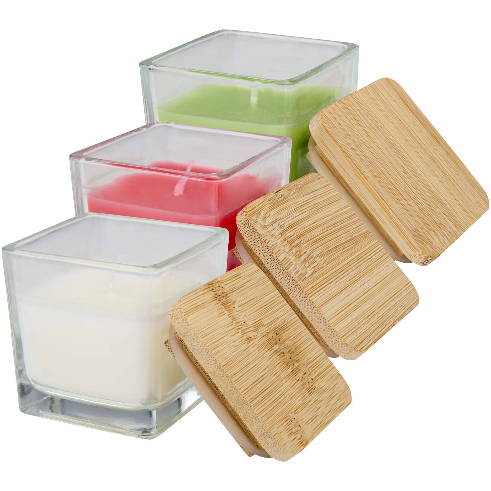 Bougie carrée Ambra en verre avec couvercle en bambou