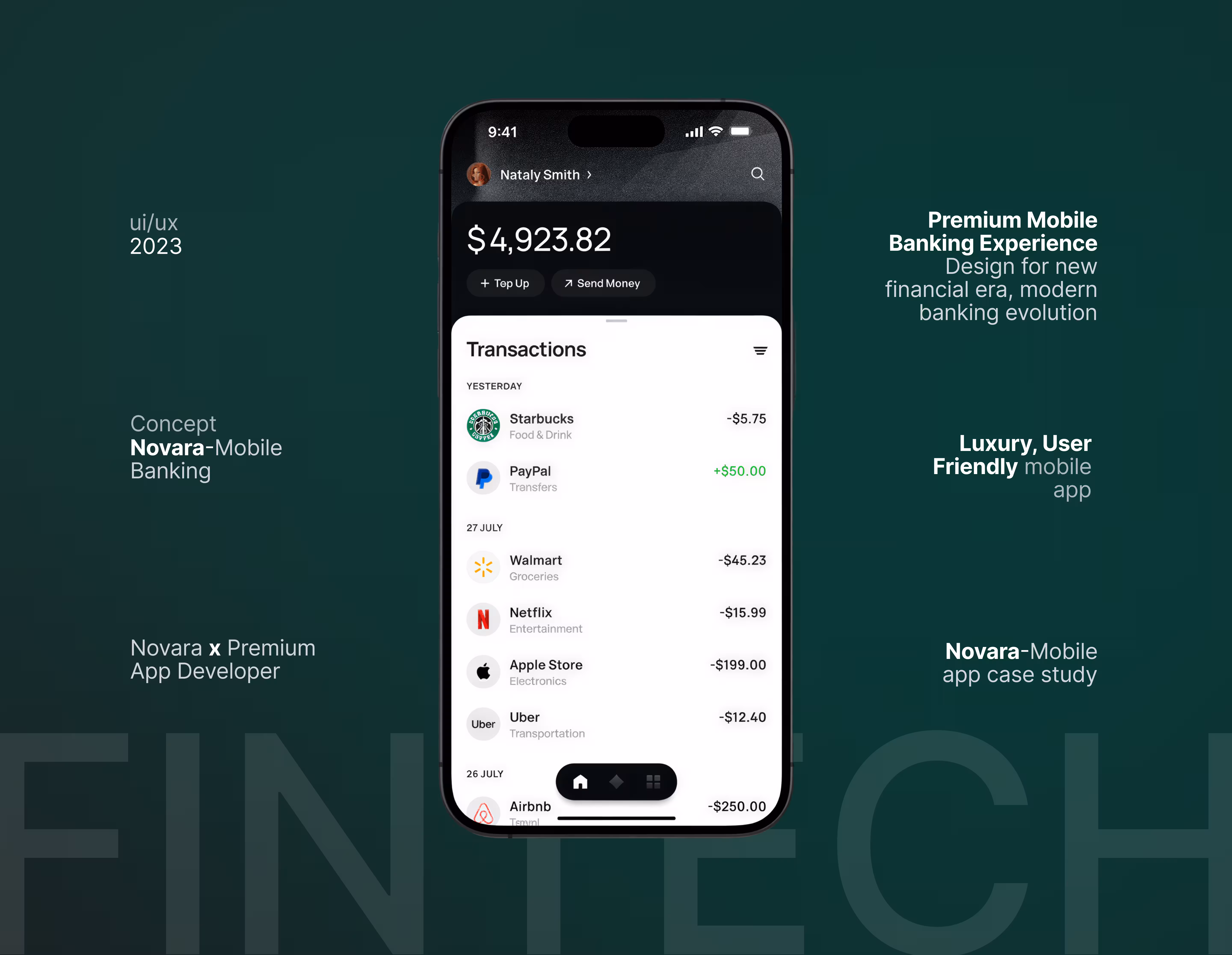 Novara fintech banking app case study card — iOS app development and UI UX design by Premium App Developer