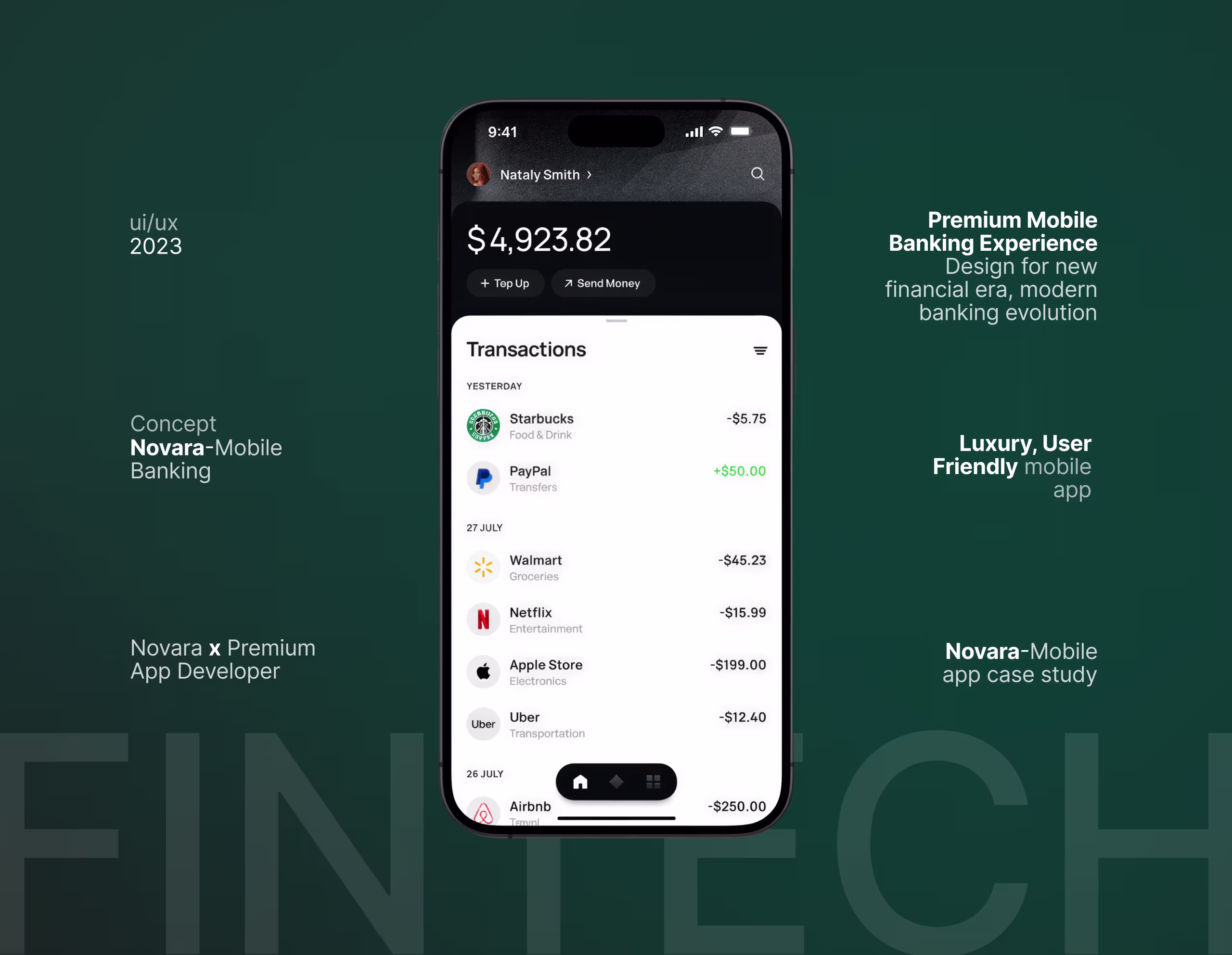 Novara fintech banking app case study card — iOS app development and UI UX design by Premium App Developer