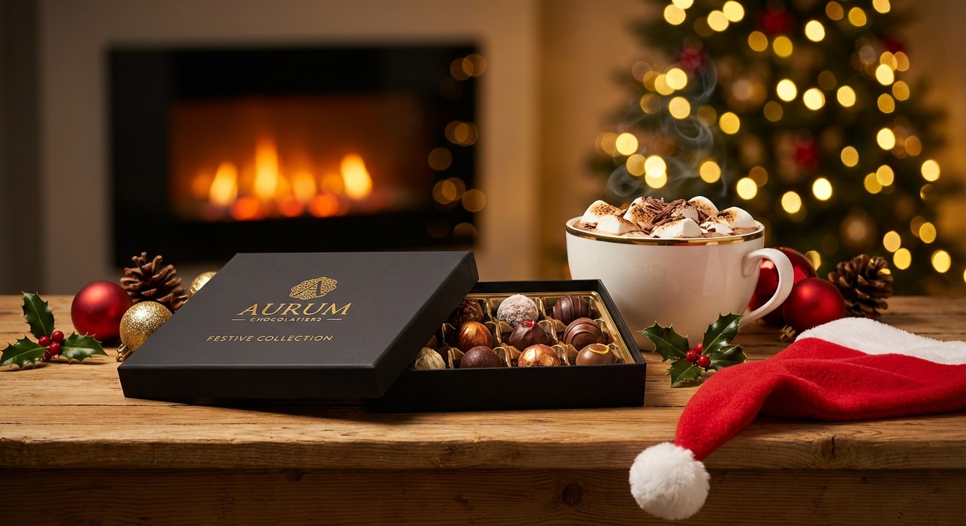Cozy Christmas vibes with luxury chocolates. AI image template preview