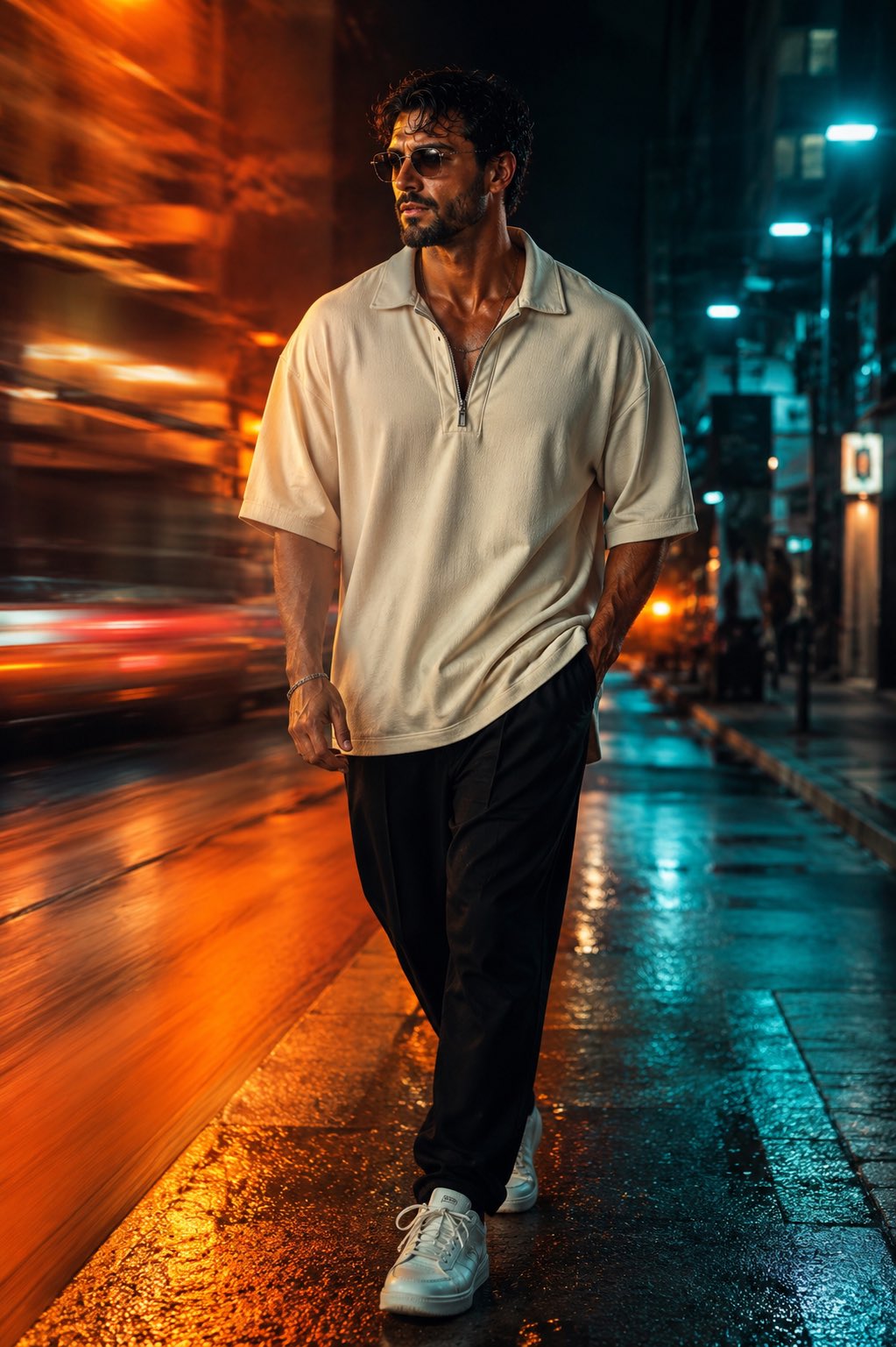 Face-Locked Cream Half-Zip Street Walk AI template preview