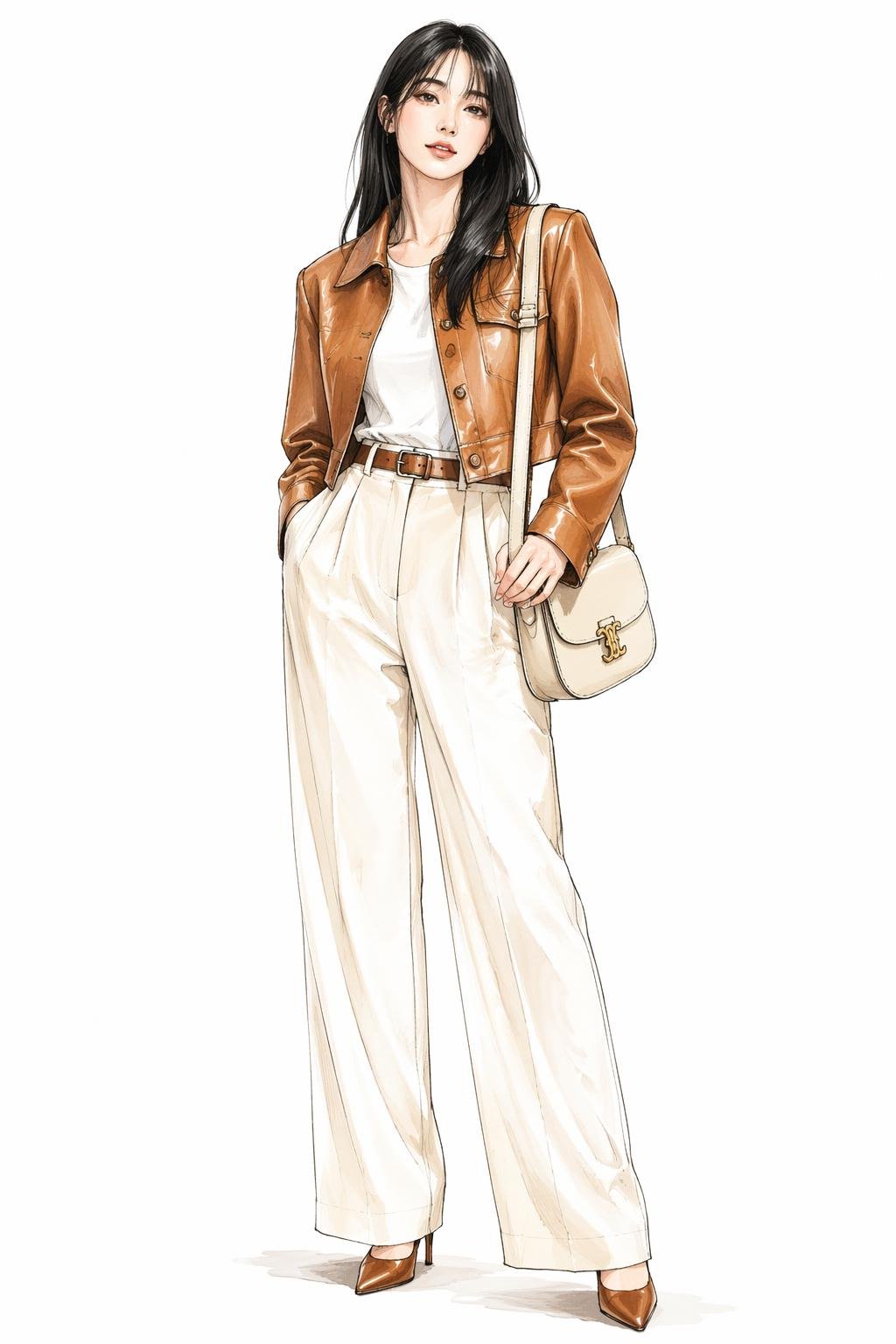 Leather Jacket Cream Trousers Fashion Sketch AI image template preview