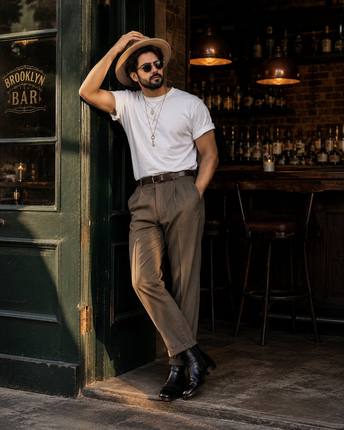 Golden Hour Fedora Bar Doorway Street Style AI template preview