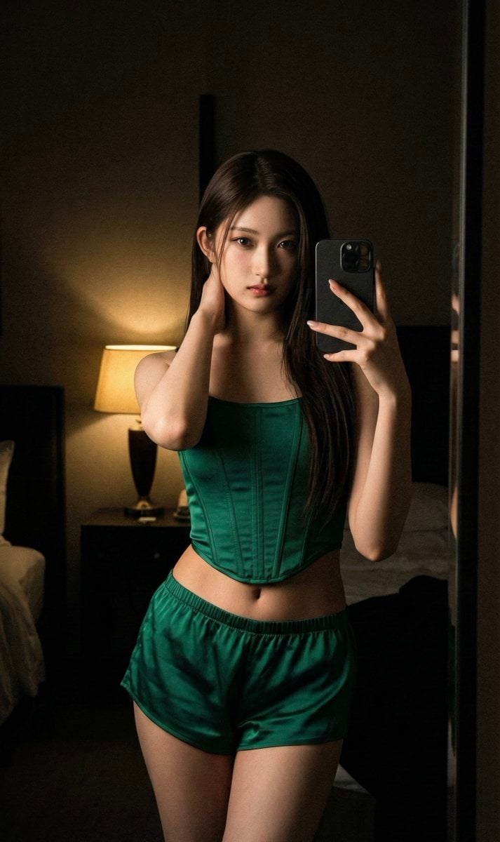 Dark Hotel Emerald Corset Mirror Selfie AI image template preview