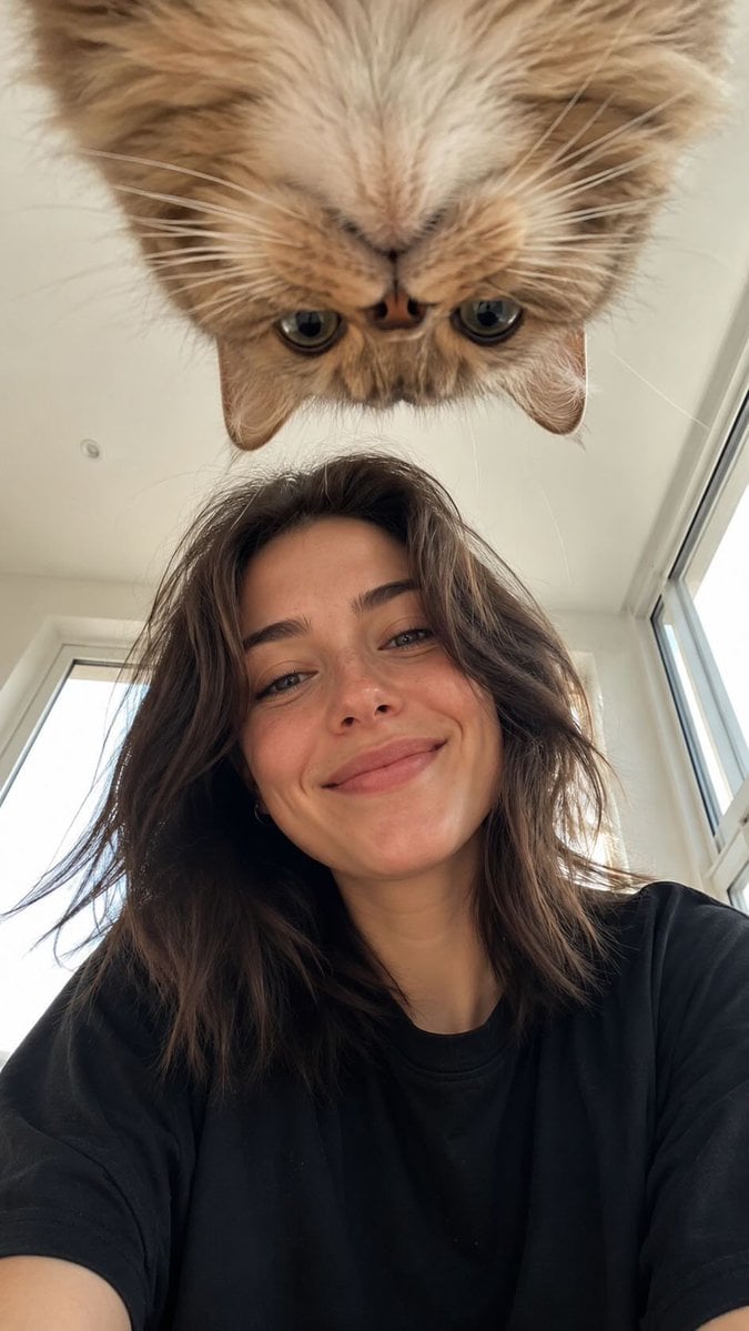 Low Angle Floor Selfie With Upside Down Cat AI image template preview