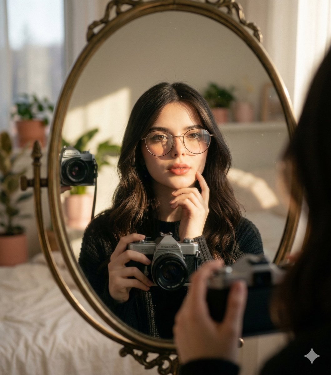 Oval Mirror Vintage Camera Self Portrait AI template preview