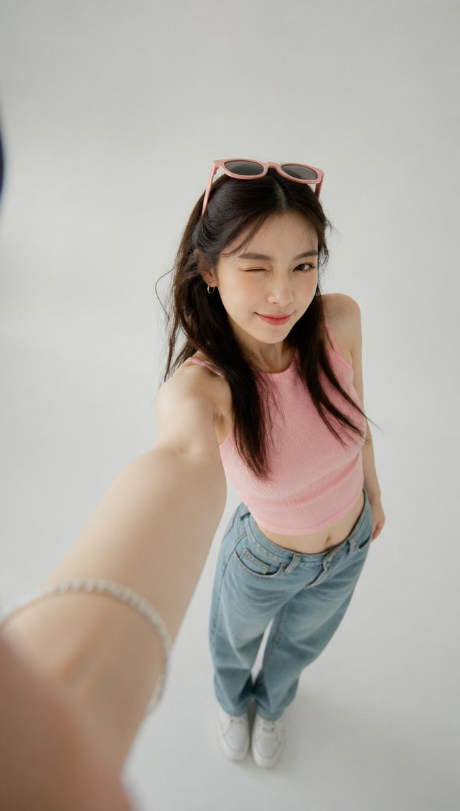 Ultra Wide Arm Forward Studio Selfie Wink AI image template preview