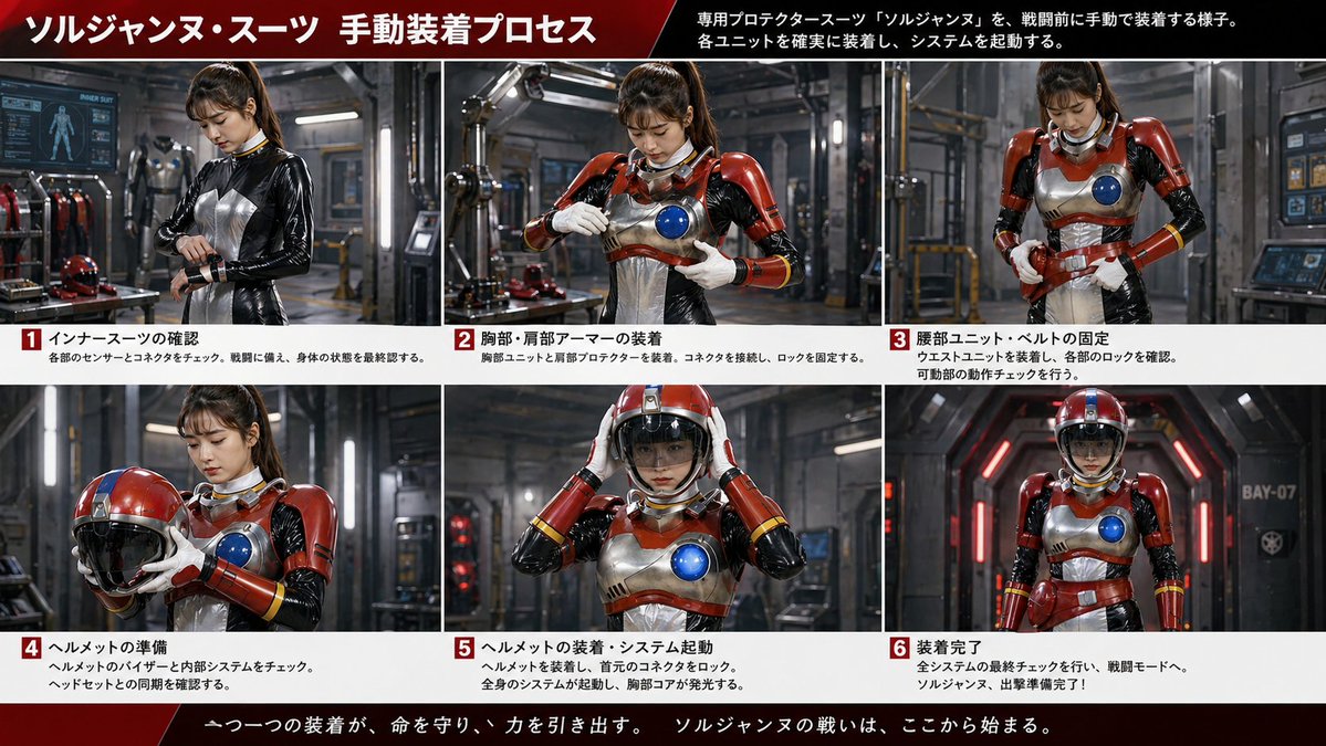 gpt2-infographic-edu-visual-japanese-sci-fi-suit-up-process-board AI image template preview