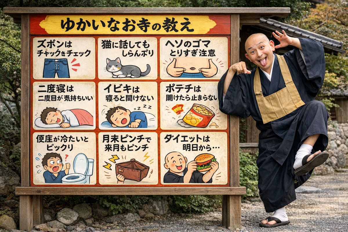 Humorous Temple Signboard with Goofy Monk AI image template preview