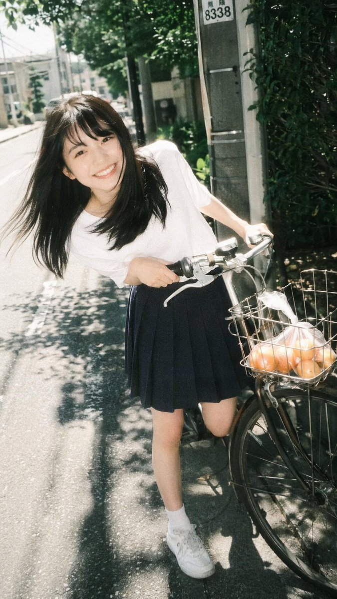 Vintage Film Portrait of Girl with Bicycle AI image template preview