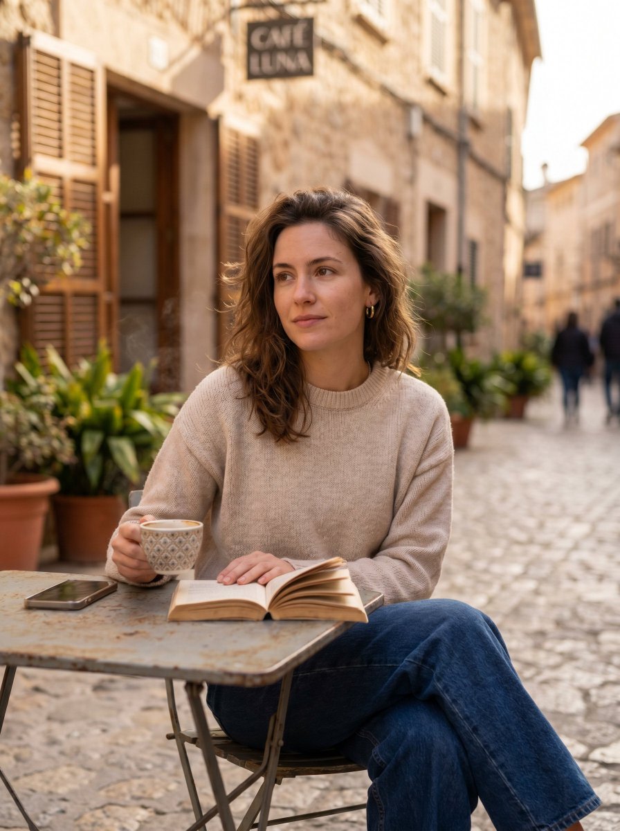 Woman Reading at European Street Café AI image template preview