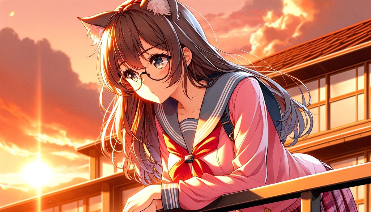 Sunset Catgirl School Rooftop Anime AI image template preview