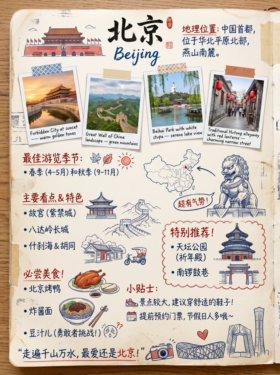Vintage Beijing Travel Scrapbook Poster AI template preview