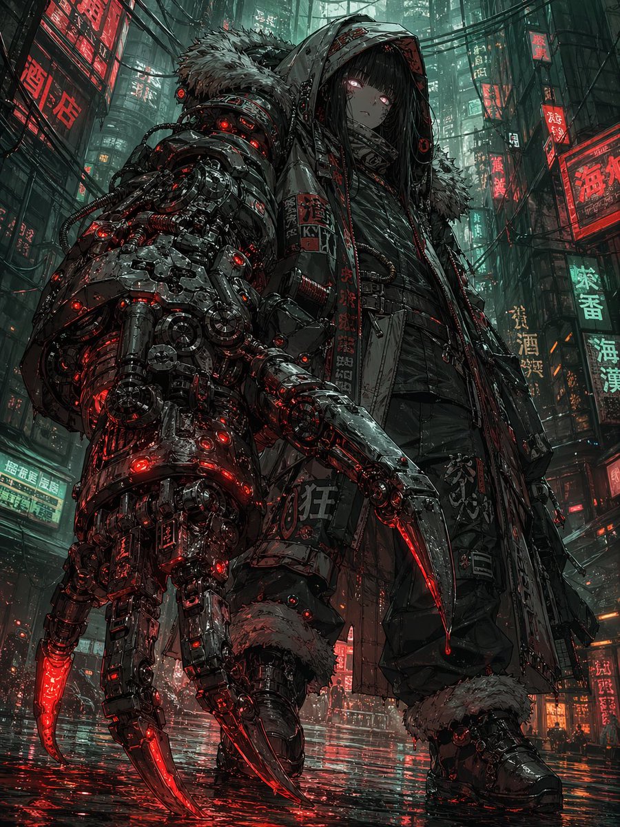Cyberpunk Girl with Giant Claw Arm AI image template preview