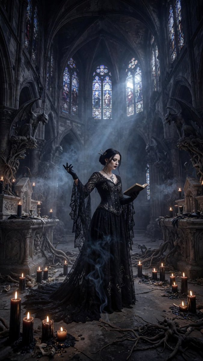 Gothic Sorceress in Ruined Cathedral AI image template preview