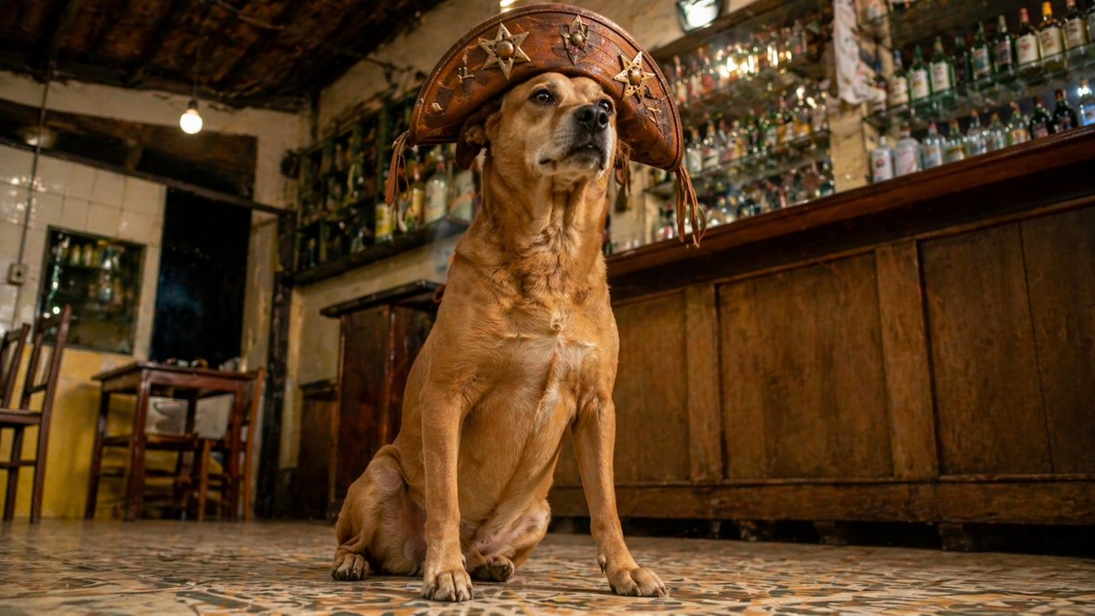 Dog in Leather Cangaceiro Hat at a Bar AI image template preview