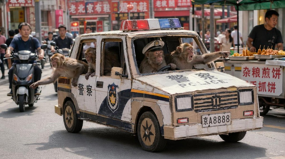 Monkey Patrol in Cardboard Police Car AI image template preview