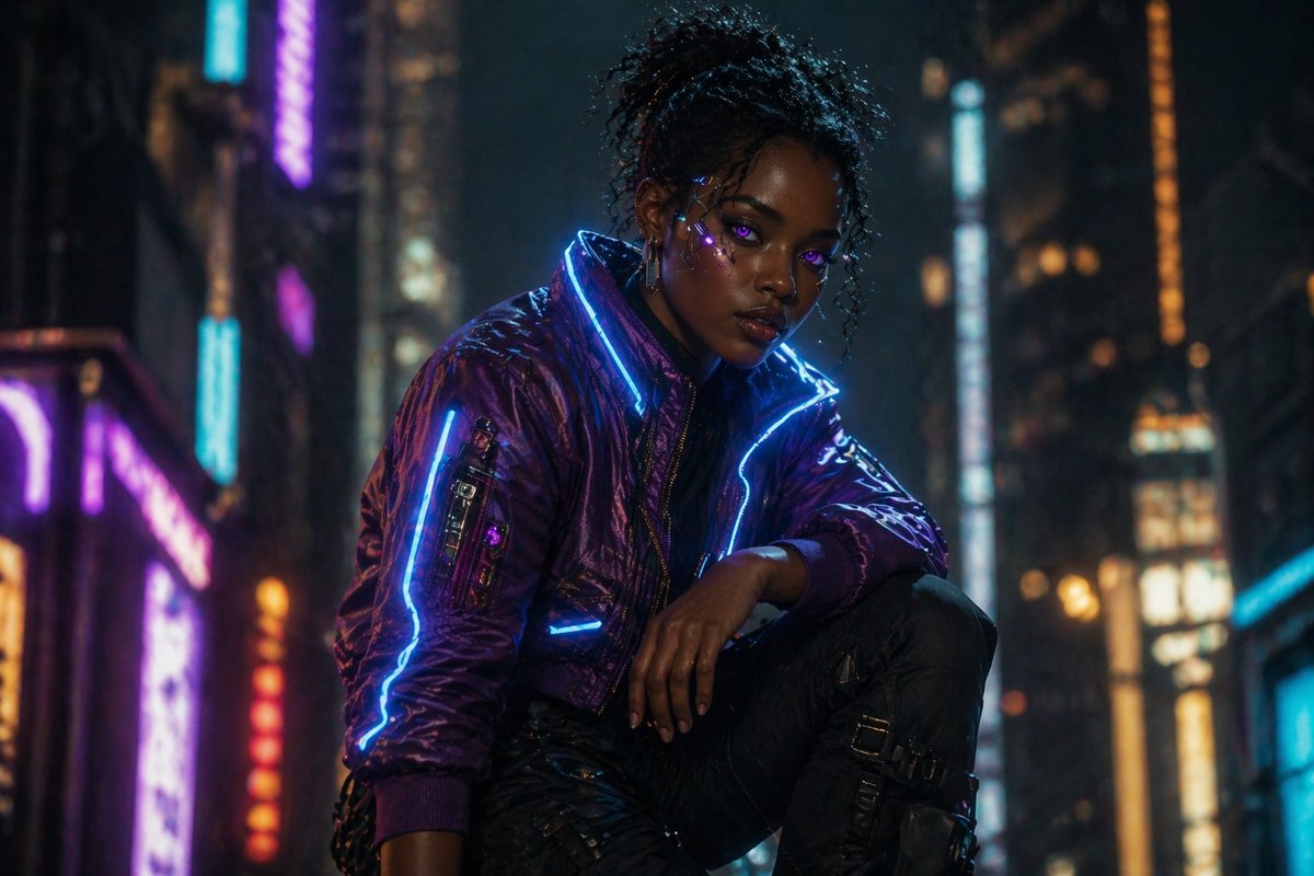 Cinematic Cyberpunk Woman Portrait AI image template preview