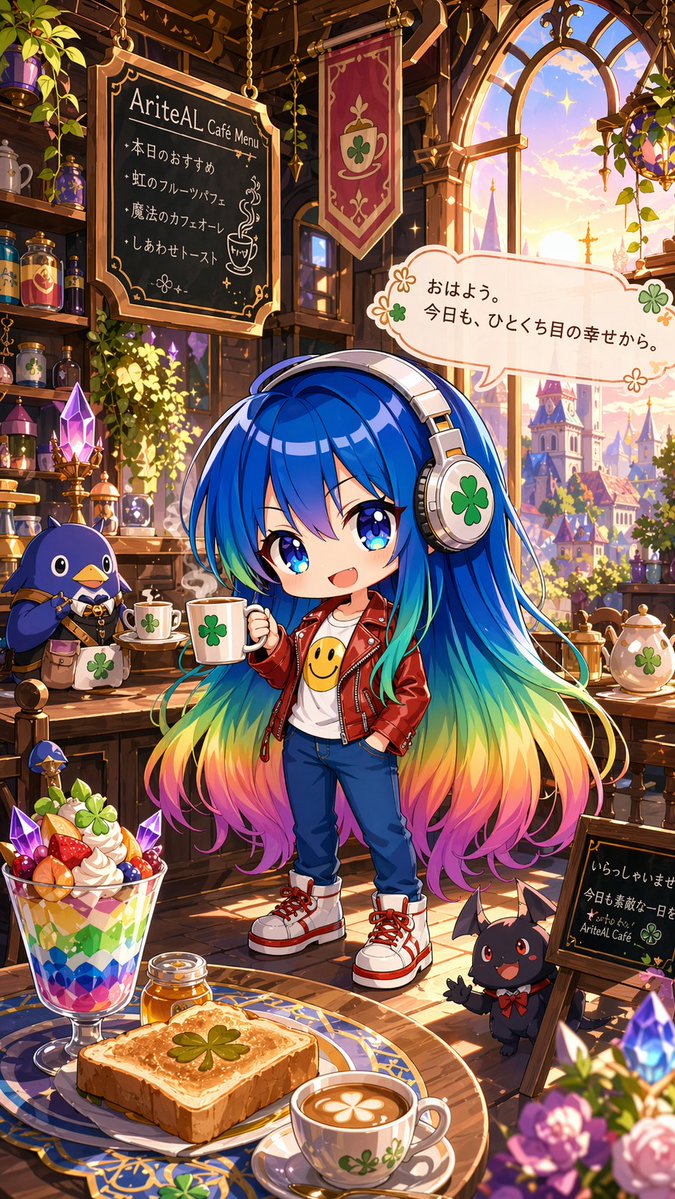 Magical Chibi Cafe Mascot at Sunrise AI image template preview