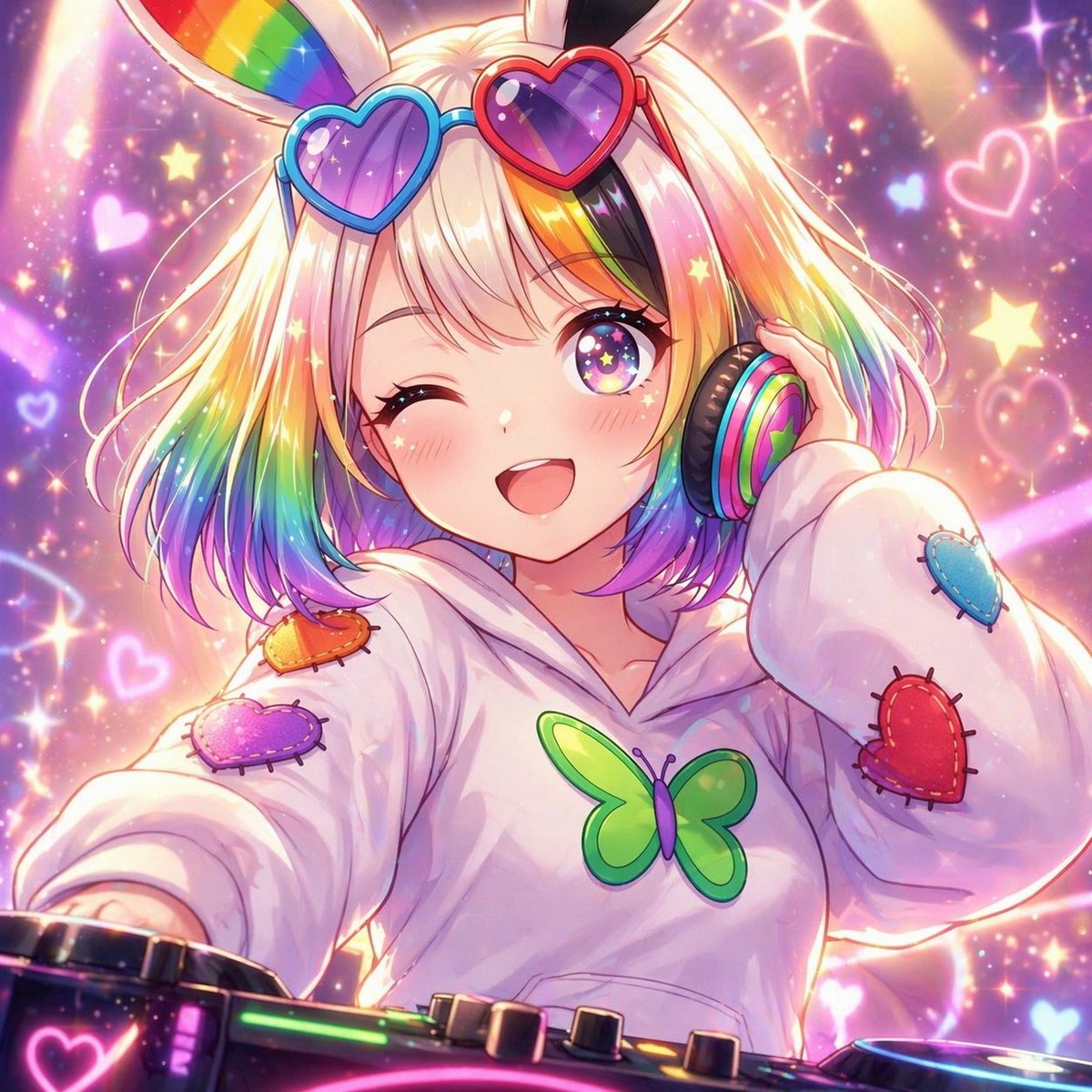 Rainbow Bunny DJ Anime Portrait AI image template preview