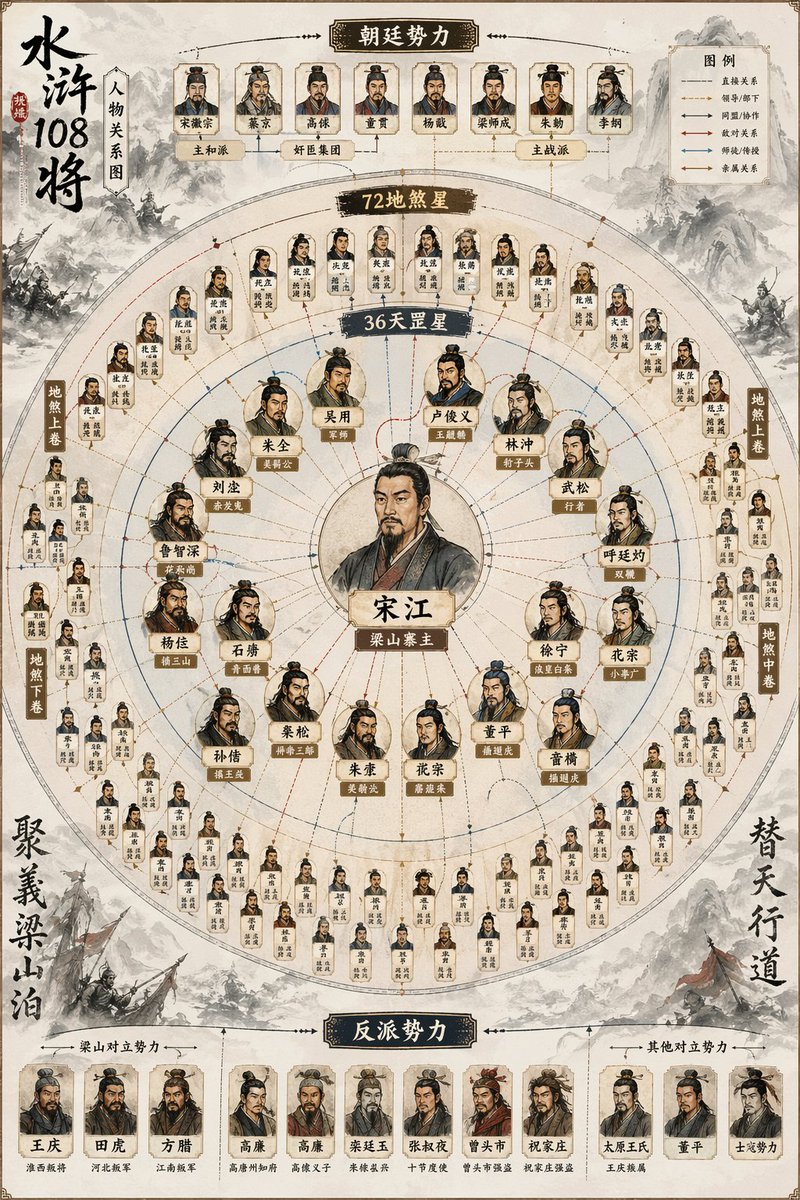 Water Margin 108 Heroes Relationship Map AI image template preview