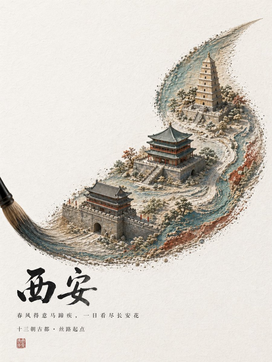 Chinese Brushstroke Xi'an Poster AI image template preview