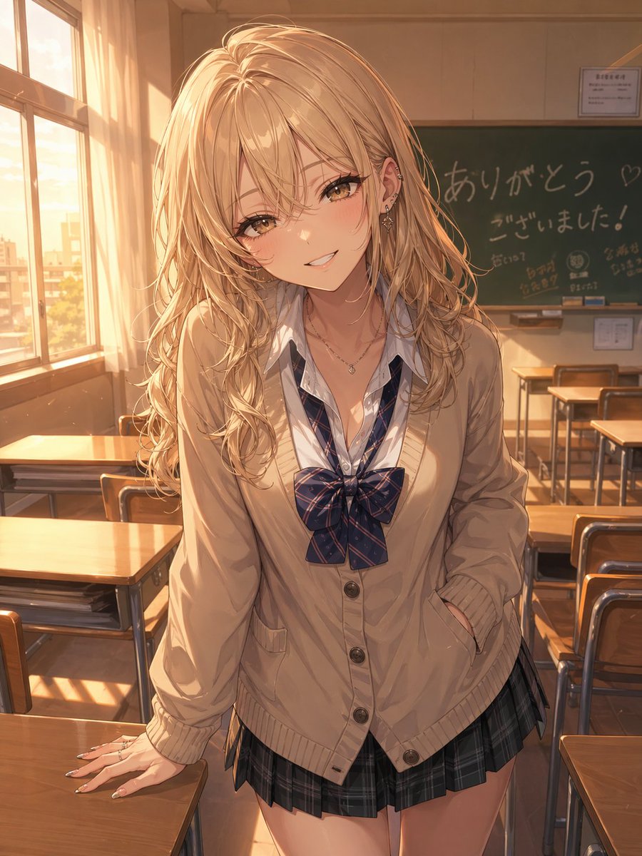 Otaku-Friendly Gyaru in Sunset Classroom AI image template preview