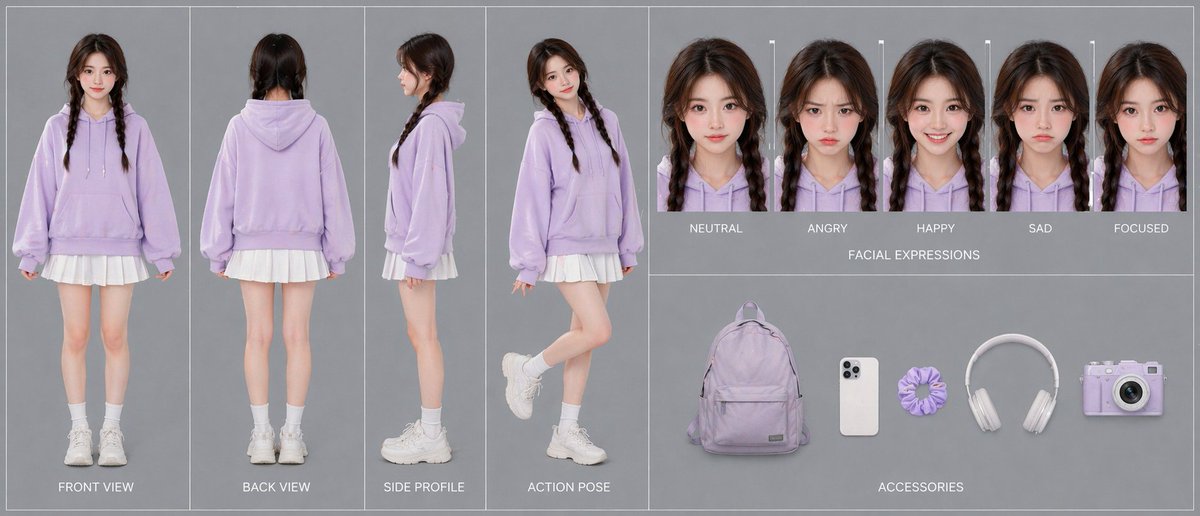 Lavender Hoodie Character Reference Sheet AI image template preview