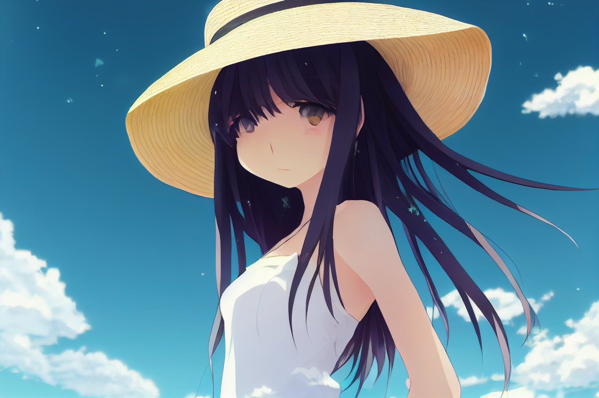 Anime Girl in Straw Hat Under Blue Sky AI image template preview