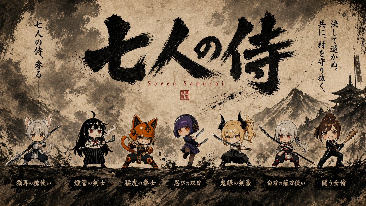 Seven Chibi Samurai Ink Poster AI image template preview