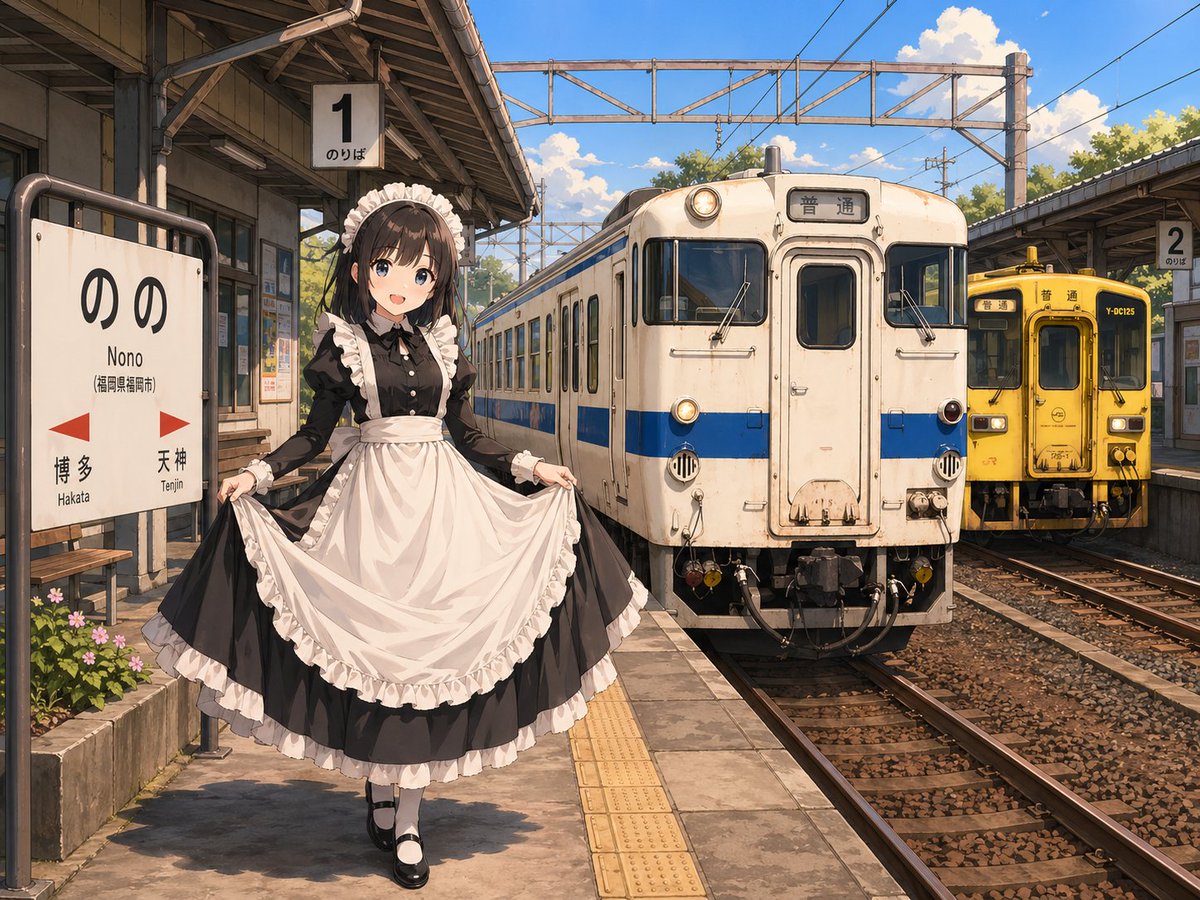 Anime Maid at Rural Train Station AI image template preview