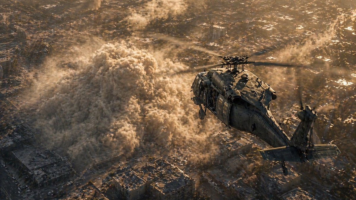 Helicopter Over Urban Dust Cloud AI image template preview
