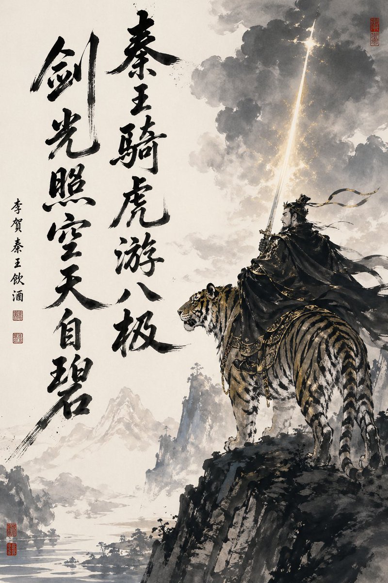 Ink-Wash Warrior Riding a Tiger AI image template preview