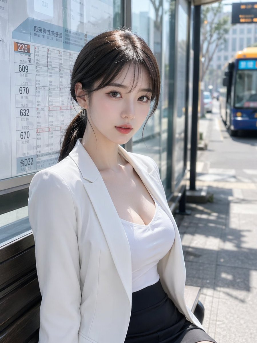 Realistic Woman at Japanese Bus Stop AI image template preview